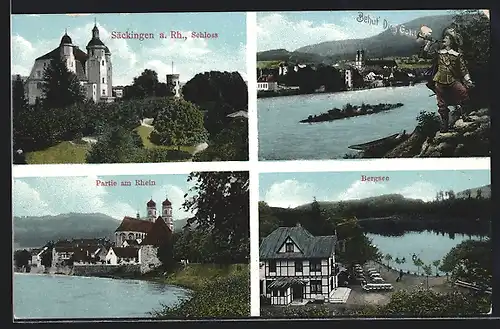 AK Säckingen a. Rhein, das Schloss, am Bergsee, Kirche am Rheinufer