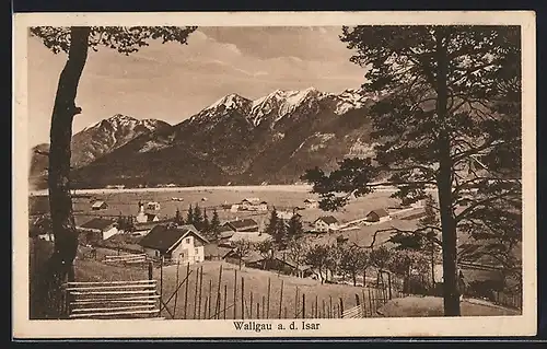 AK Wallgau, Gesamtansicht mit Blick auf Isar und das Hochgebirge