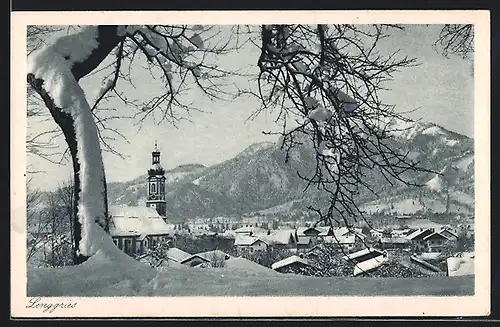 AK Lenggries, Teilansicht mit Kirche im Winter