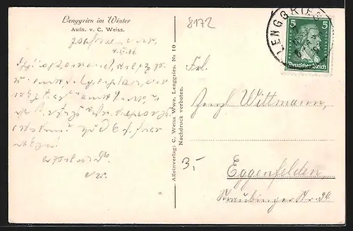 AK Lenggries, Teilansicht mit Kirche im Winter