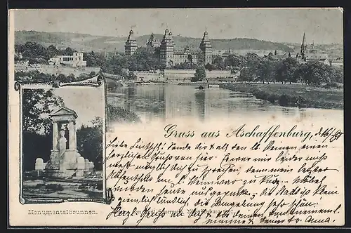 AK Aschaffenburg, Stadtpanorama, der Monumentalbrunnen