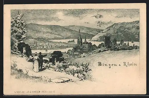 Künstler-AK Bingen am Rhein, Wanderer mit Blick auf die gesamte Stadt