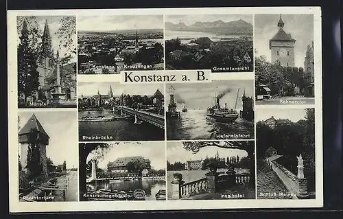 AK Konstanz am Bodensee, Gesamtansicht, das Schnetztor, Schloss Mainau, Konziliumsgebäude, der Rheintorturm