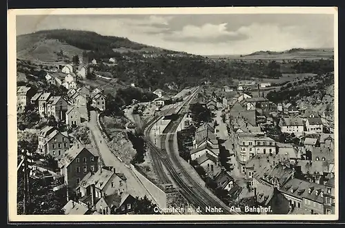 AK Oberstein a.d. Nahe, Teilansicht mit Bahnhof aus der Vogelschau