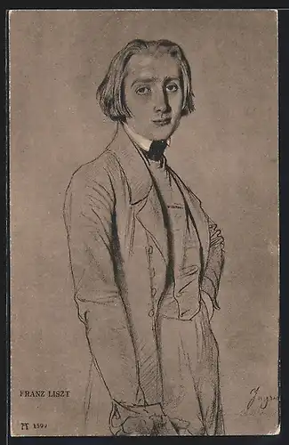 Künstler-AK Komponist Franz Liszt, portraitiert stehend in jungen Jahren