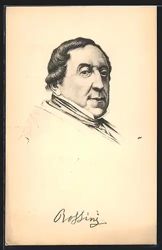 Künstler-AK Rossini, seitliches Portrait des korpulenten Musikers