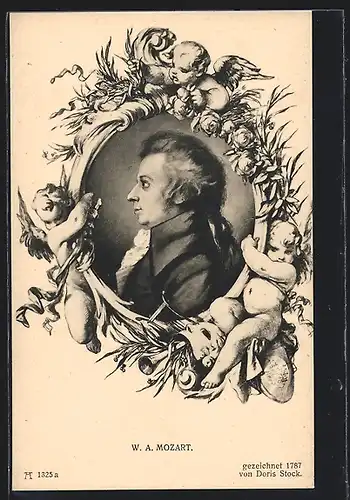 Künstler-AK Komponist W. A. Mozart, seitlich portraitiert, von Engeln umgeben