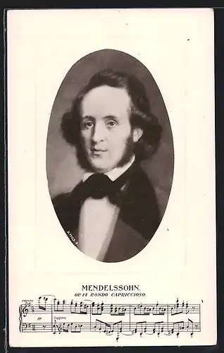 Präge-Künstler-AK Komponist Jakob Ludwig Felix Mendelssohn-Bartholdy mim Portrait, OP 14 Rondo Capriccioso
