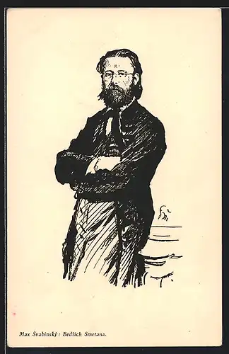 Künstler-AK Komponist Bedrich Smetana, stehend mit verschränkten Armen portraitiert