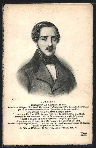 Künstler-AK Komponist Donizetti, Portrait des jungen Musikers im Mantel