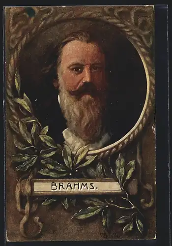 Künstler-AK Komponist Brahms, Portrait im Abendkostüm, von Blättern eingerahmt