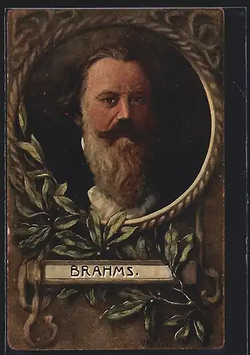 Künstler-AK Komponist Johannes Brahms, Portrait des gealterten Musikers, von Zweigen eingerahmt
