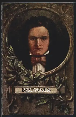 Künstler-AK Komponist L. v. Beethoven, Portrait des Musikers eingerahmt von Zweigen