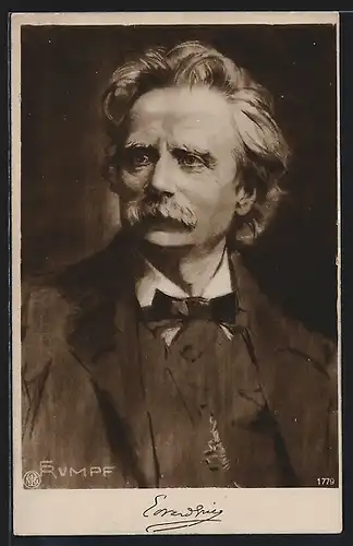 Künstler-AK Komponist Eduard Grieg, im Anzug portraitiert, der Blick zur Seite gerichtet