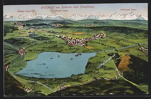AK Buchau am Federsee, Landkarte mit der Umgebung, Blick auf die Allgäuer Alpen