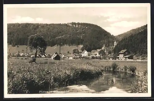 AK Hütten im Schmiechtal, Ortsansicht aus der Ferne