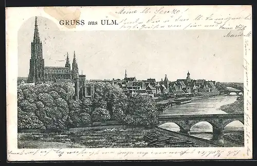 Künstler-AK Ulm a. D., Gesamtansicht mit Donaubrücke und Münster