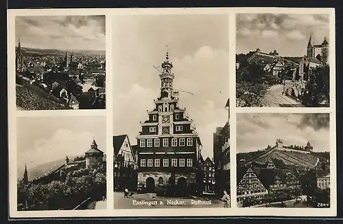 AK Esslingen a. Neckar, Totalansicht, das Rathaus, Burganlagen, der Stadtplatz