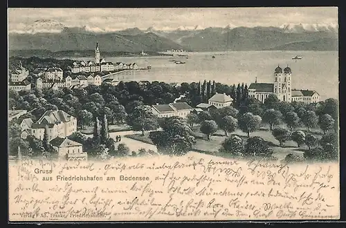 Künstler-AK Friedrichshafen am Bodensee, Gesamtansicht mit Alpenblick