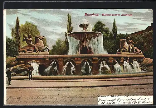 Lithographie München, Besucher am Wittelsbacher Brunnen