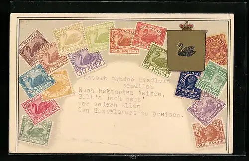 AK Australische Briefmarken mit Wappen