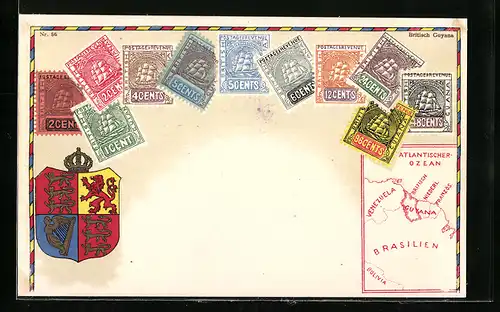 AK British Guyana, Briefmarken, Wappen und Landkarte