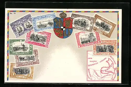 AK Rumänien, Briefmarken, Landeswappen und Landkarte