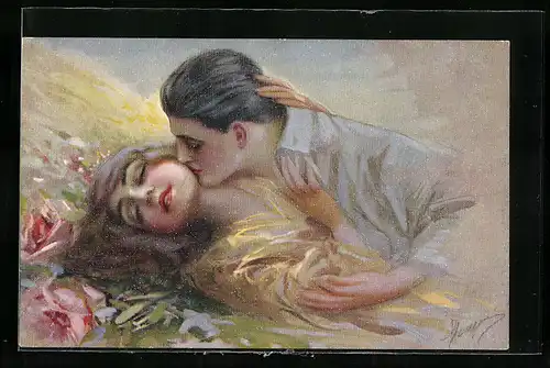 Künstler-AK G. Guerzoni: Paar küsst sich auf einer Blumenwiese