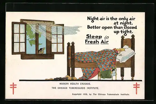 Künstler-AK Noght air is the only air at night, Better open than closed up tight. Sleep in Fresh Air, Medizin
