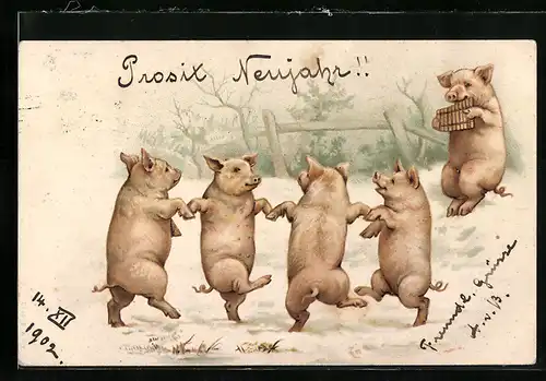 AK Tanz der Ferkel, vier Schweinchen tanzen im Schnee, ein anderes spielt auf der Panflöte