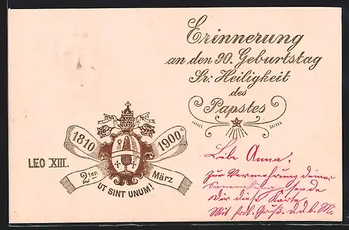 AK Erinnerung an den 90. Geburtstag Sr. Heiligkeit des Papstes Leo XIII., Papstwappen 1810-1900