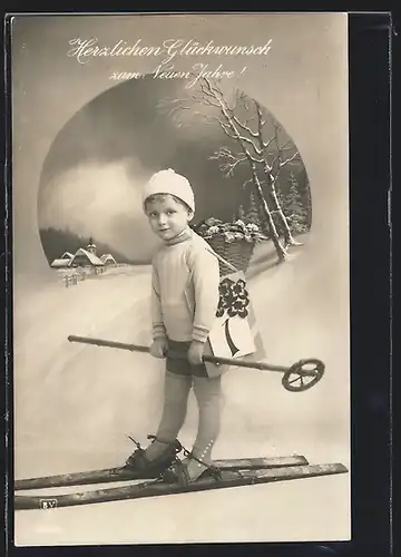 AK Glückwunsch zum Neuen Jahr, Junge auf Ski