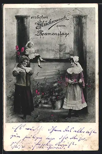 AK Glückwunsch zum Namenstage, junge Frauen mit Kind am Buchstaben H