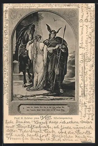 AK Nibelungenring, Mann mit Speer reicht einer Frau einen Ring, neben beiden steht ein Pferd, Richard Wagner