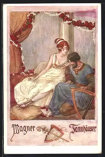 AK Richard Wagner, Tannhäuser, Mann mit Harfe mit Frau auf Kissen sitzend