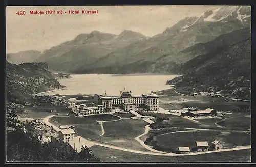 AK Maloja, Hotel Kursaal aus der Vogelschau