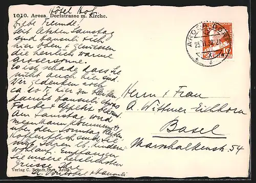 AK Arosa, Dorfstrasse mit KIrche im Winter