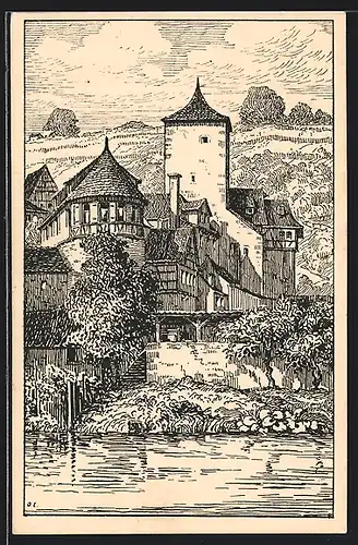 Künstler-AK Schw. Hall, Partie am Ufer