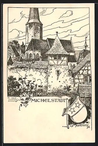 Künstler-AK Michelstadt, Partie am Kirchturm, Wappen
