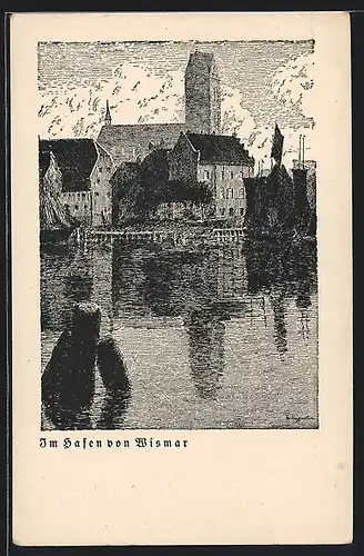 Künstler-AK Wismar, Blick über den Hafen zur Kirche