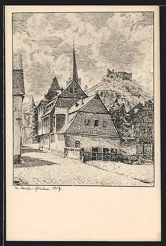 Künstler-AK Bacharach, Strassenpartie mit Kirchturm