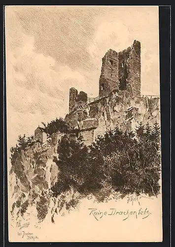 Künstler-AK Königswinter, Blick auf die Ruine Drachenfels