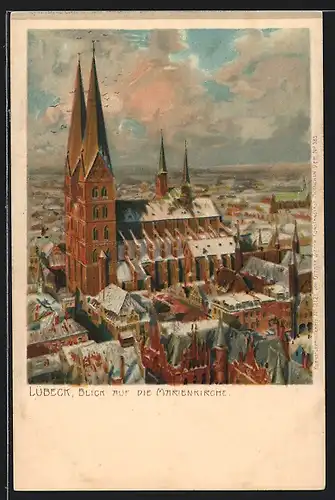 Lithographie Lübeck, Blick auf die Marienkirche
