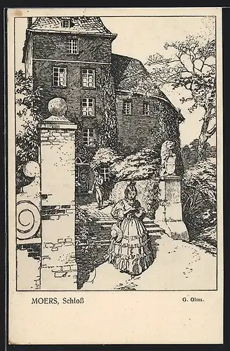 Künstler-AK Moers, Partie am Schloss nach Federzeichnung v. Gustav Olms