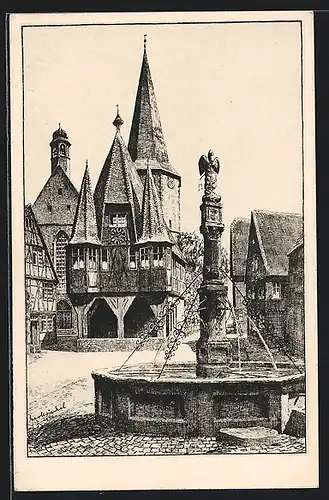Künstler-AK Michelstadt, Marktplatz mit Brunnen