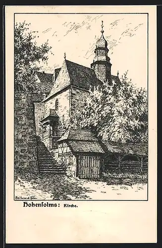 Künstler-AK Hohensolms, An der Kirche