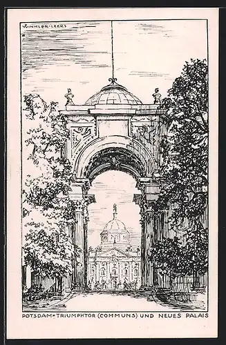 Künstler-AK Potsdam, Triumphtor und neues Palais