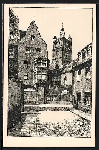 Künstler-AK Darmstadt, Strassenpartie mit Stadtkirche