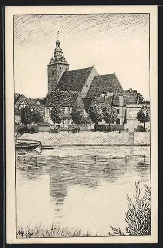 Künstler-AK Havelberg, Ansicht der St. Laurentiuskirche mit Havel