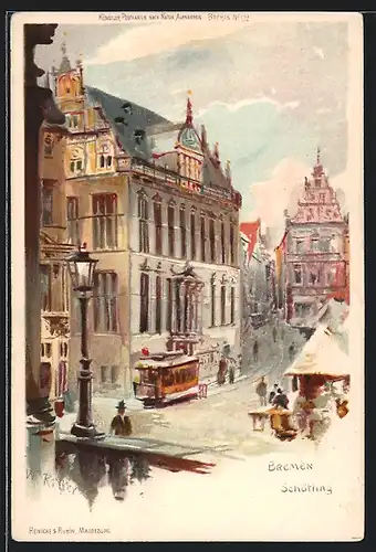 Lithographie Bremen, Schütting mit Strassenbahn